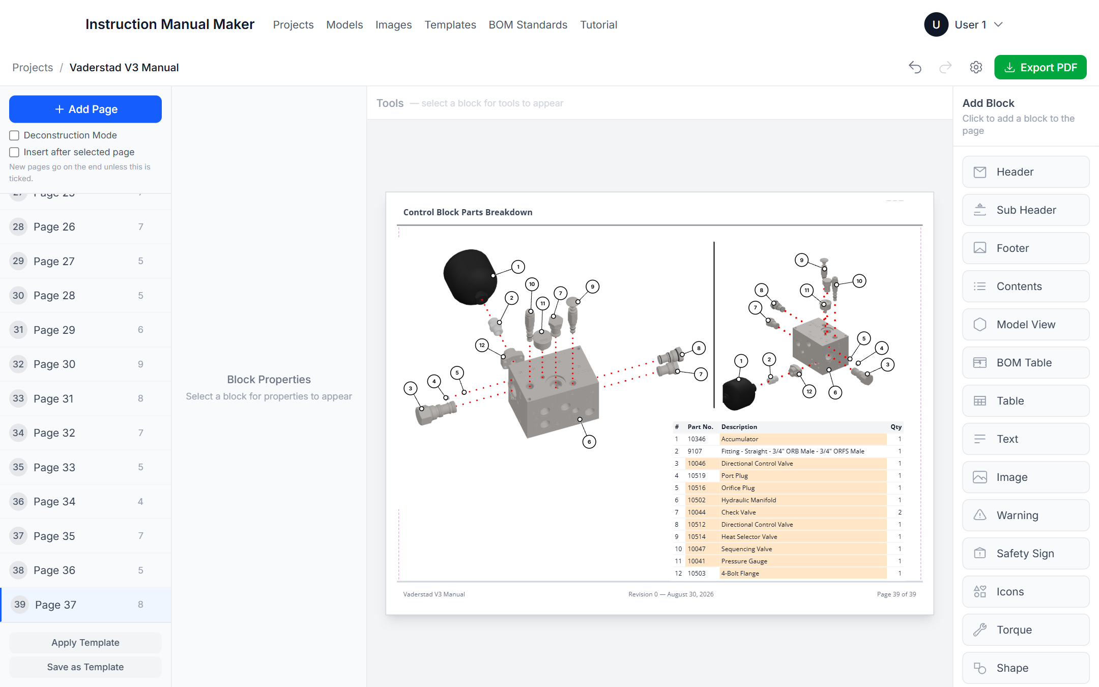 A parts-breakdown page: the control block exploded with twelve balloons and a twelve-row bill of materials