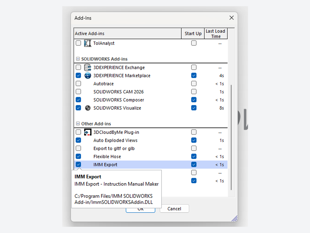 The SolidWorks Add-Ins dialog with IMM Export ticked in both columns