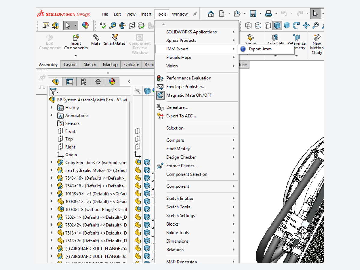 SolidWorks with an assembly open and Tools › IMM Export › Export .imm selected