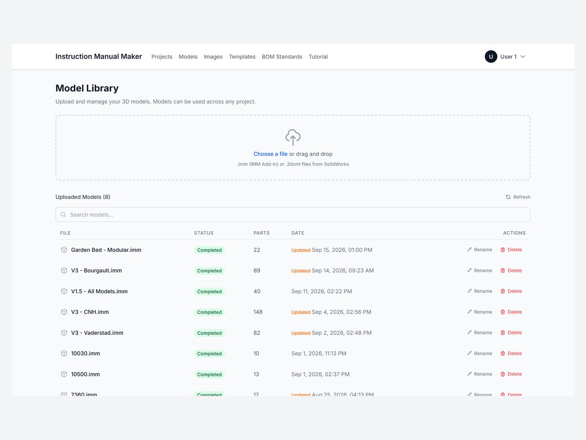 The Model Library page listing imported assemblies, with the upload area