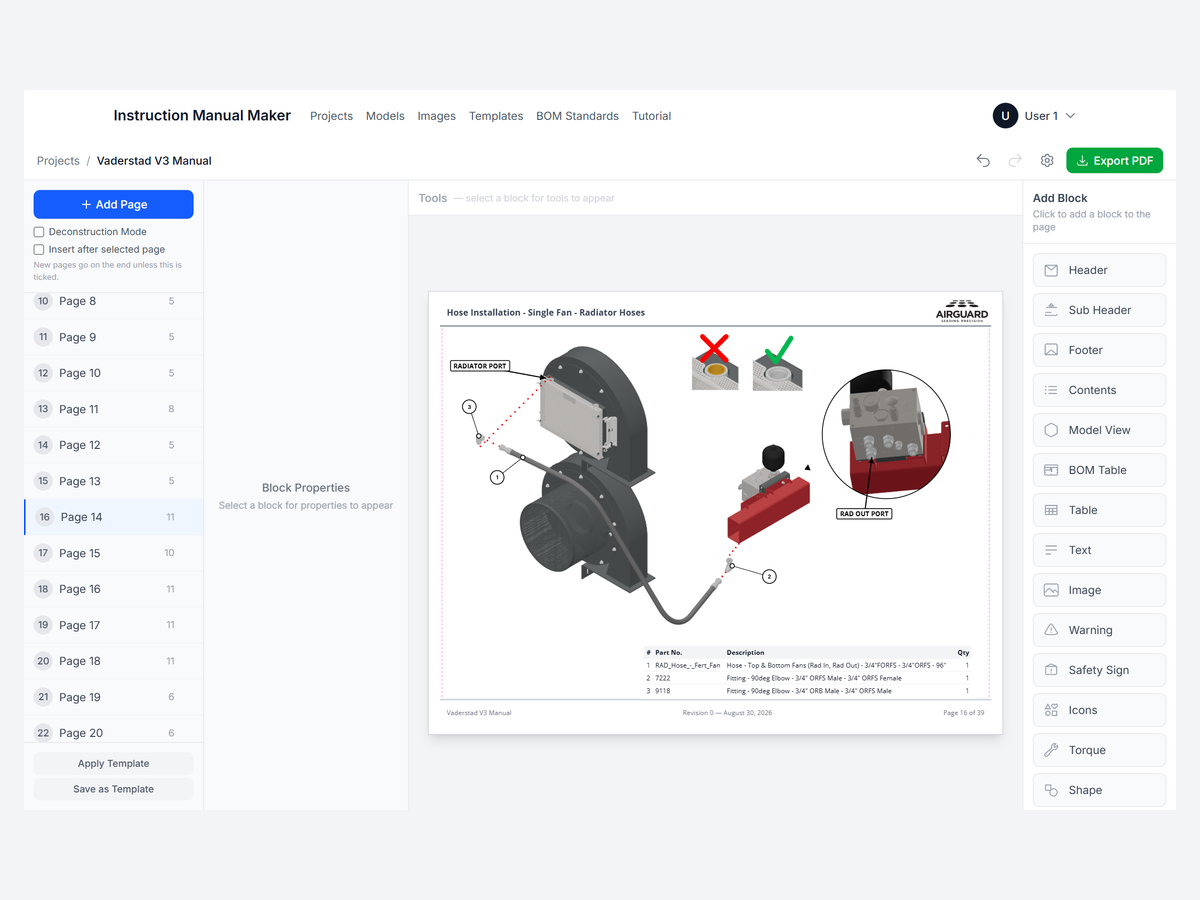 The page editor with a hose installation page: exploded fan assembly, balloons, callouts and a bill of materials